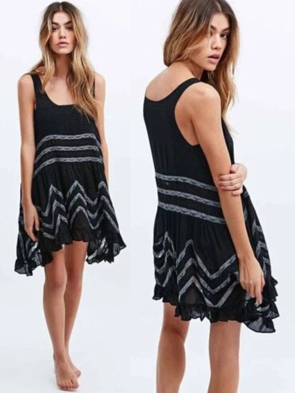 FREE PEOPLE Voile & Lace Black Trapeze Slip Dress Boho Grunge Fairy Ethereal M